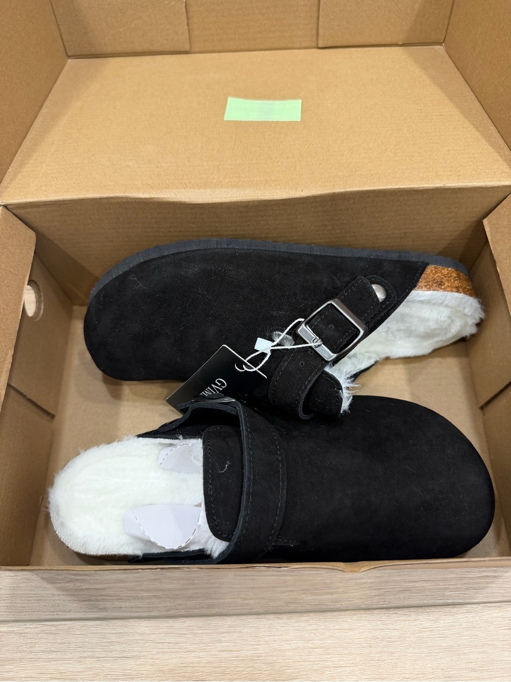 Black Suede Faux-Fur Clog Mules